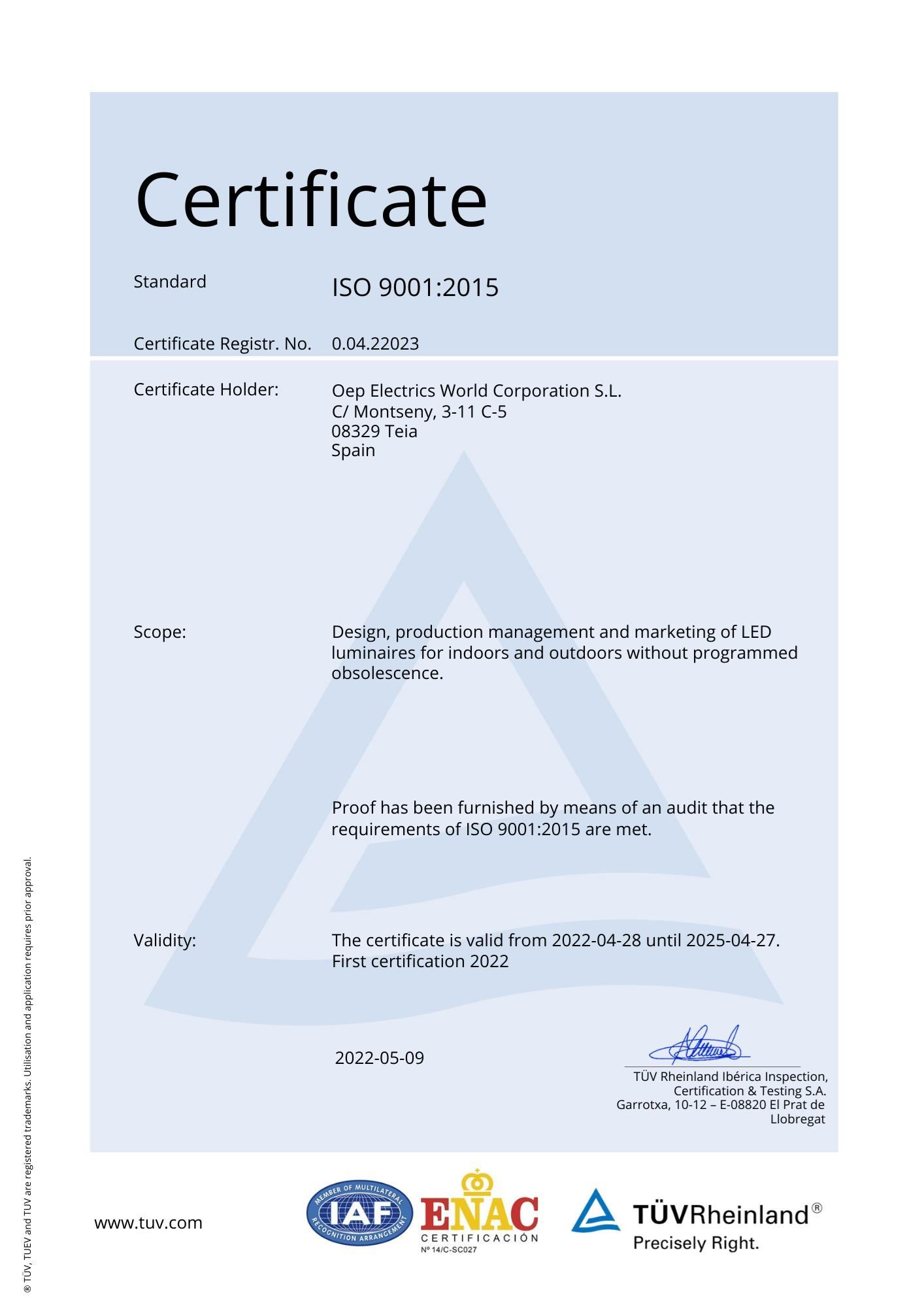 Certificado ISO 9001:2015 emitido por TÜV Rheinland para Eco-Business World Consulting SL.