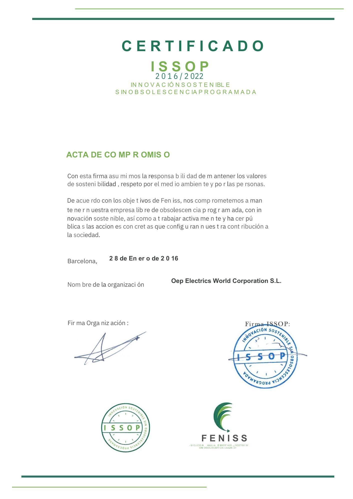 Un certificado ISSOP con fecha del 28 de mayo de 2018, que incluye logotipos oficiales, texto, una firma y sellos estampados.