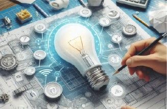 Una mano dibuja sobre un plano que muestra una bombilla brillante rodeada de iconos tecnológicos digitales.