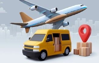 Una ilustración en 3D muestra un avión volando sobre una furgoneta de reparto amarilla aparcada.