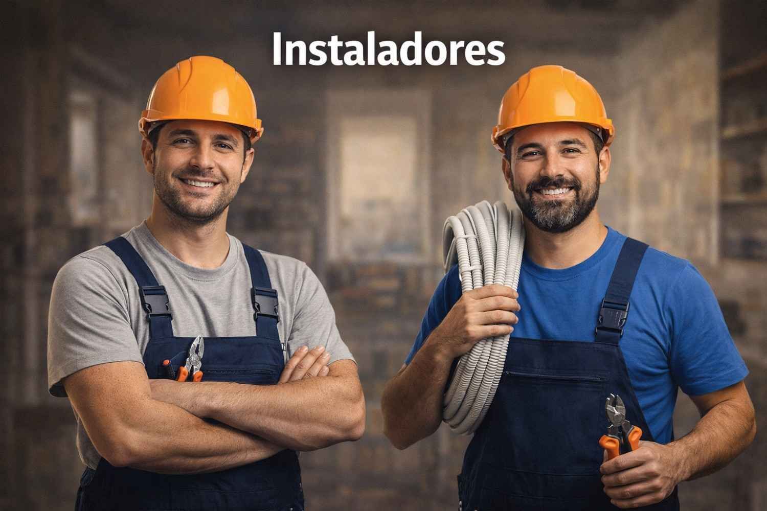 Dos instaladores sonrientes, con cascos naranjas y monos azul oscuro, posan en un taller.