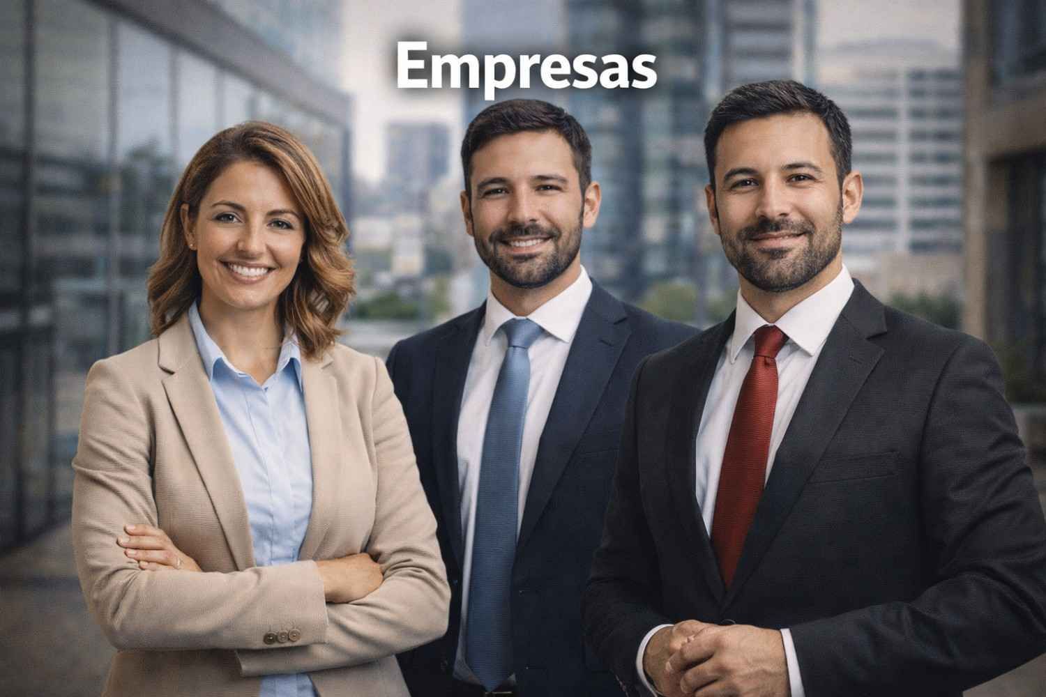 Una mujer sonriente y dos hombres con atuendo de negocios profesional están de pie al aire libre.