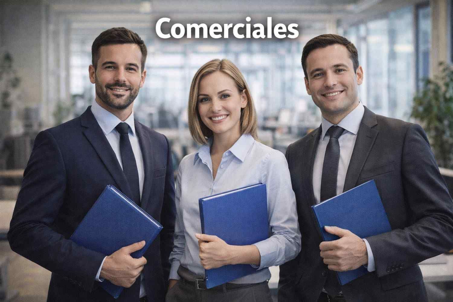 Tres profesionales vestidos de traje, con carpetas azules en la mano, se encuentran en una oficina luminosa y moderna.