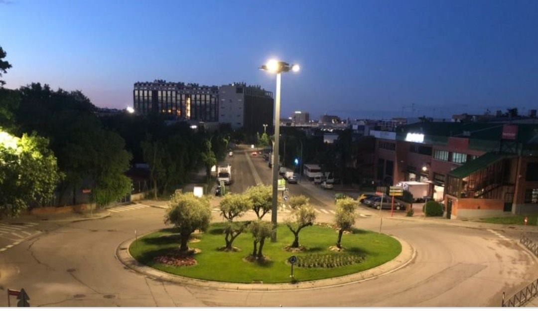 Una rotonda al anochecer, con una isleta central adornada con pequeños árboles, iluminada por una farola.