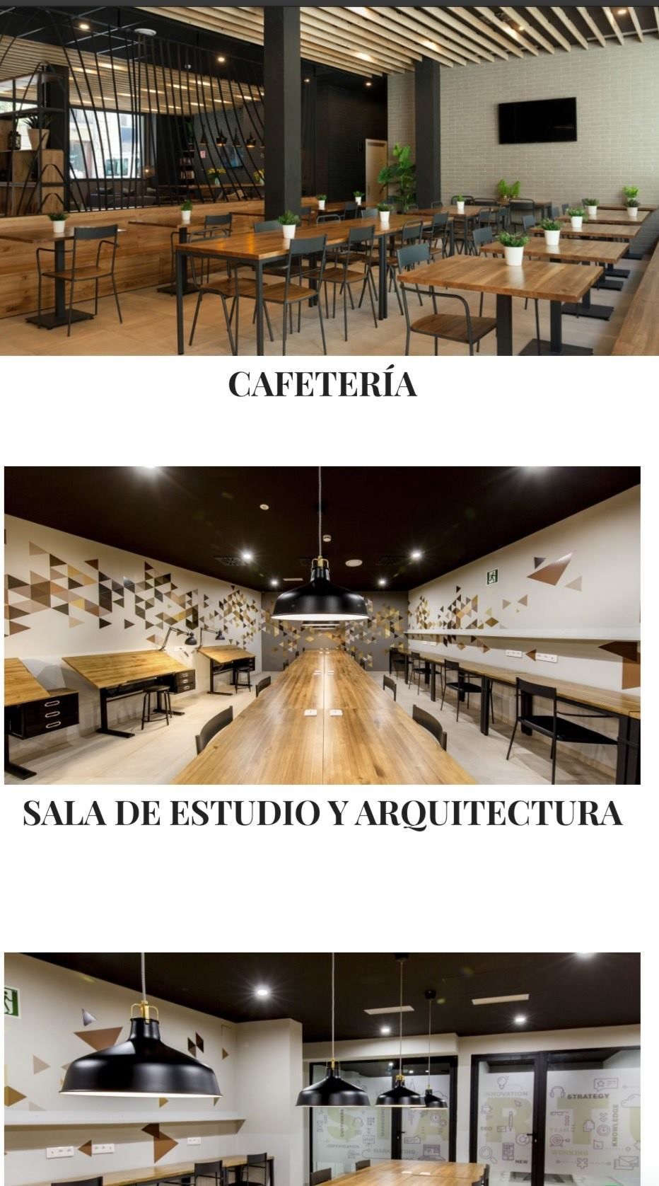 Tres vistas interiores de una cafetería, una sala de estudio y un espacio de trabajo con decoración moderna.