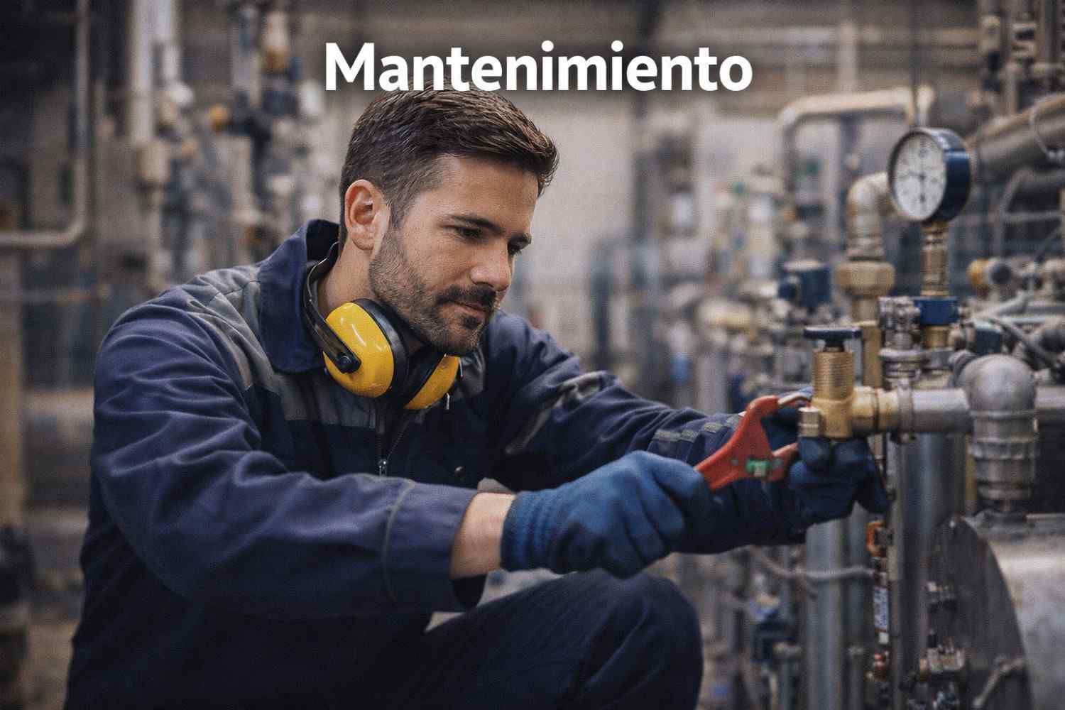 Un técnico con orejeras amarillas utiliza una llave inglesa para trabajar en tuberías industriales en un entorno de fábrica.