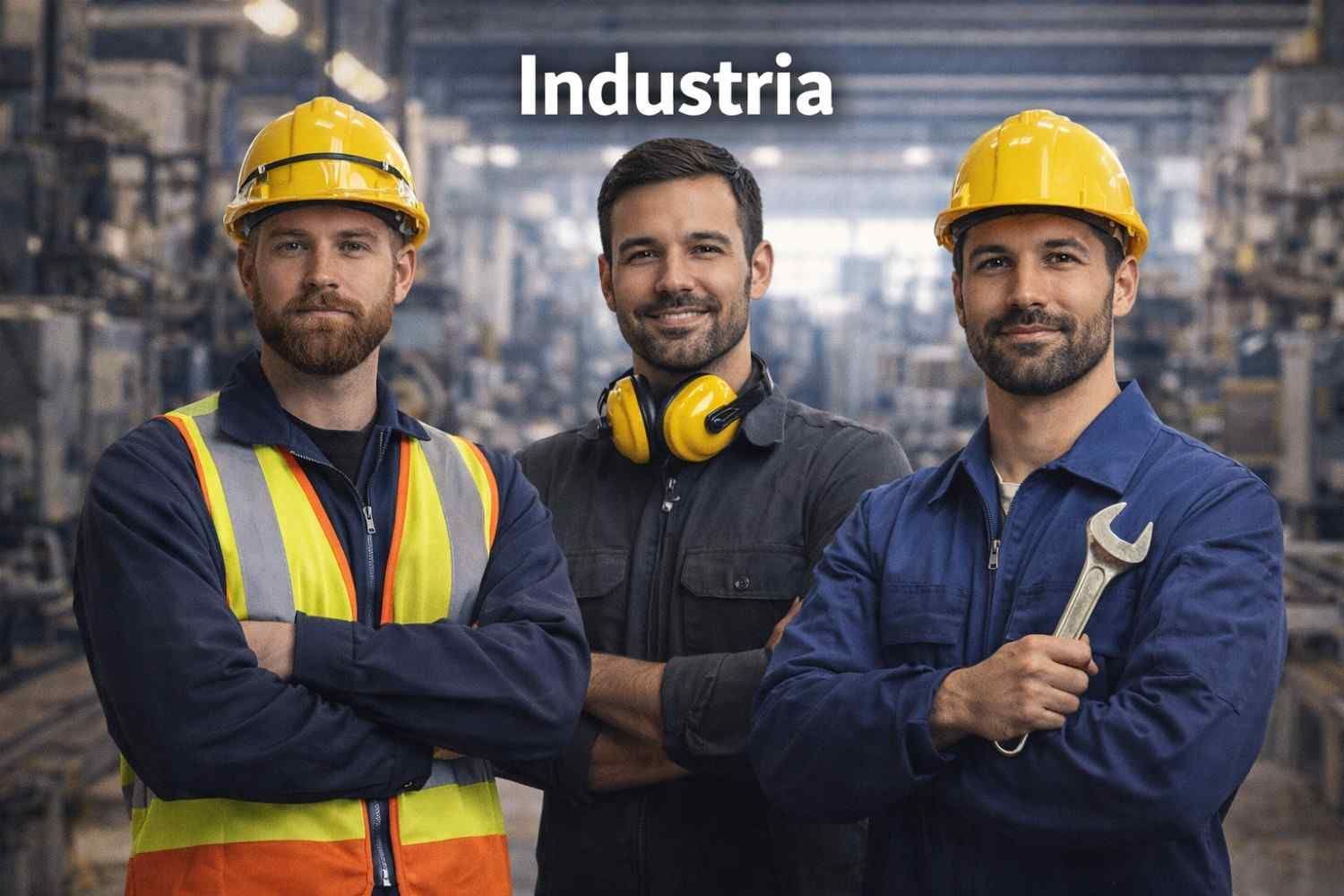 Tres obreros con cascos y ropa de trabajo están de pie en una fábrica, sonriendo a la cámara.