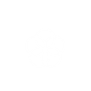 Un icono o logotipo blanco con forma de flor de cinco pétalos sobre un fondo negro.