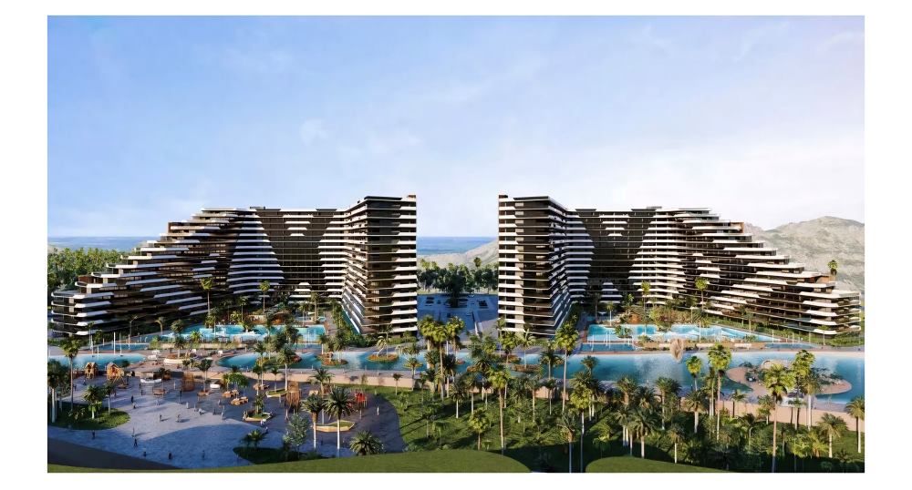 Representación digital de dos edificios modernos con terrazas escalonadas que enmarcan una piscina central.