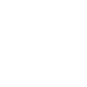 Un dibujo lineal blanco de tres cubos interconectados que forman un grupo sobre un fondo negro.