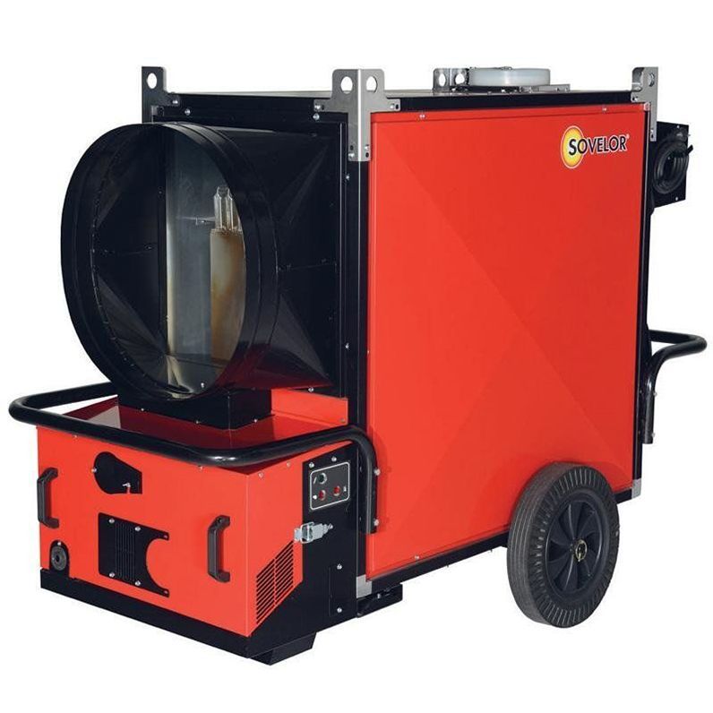 Chauffage d'appoint portable rouge et noir pour chantiers, avec grand conduit et roues.