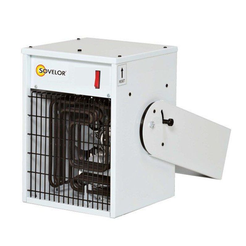 Radiateur électrique d'appoint White Sovelor avec éléments chauffants apparents et diffuseur d'air réglable.