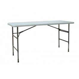 Table pliante rectangulaire gris clair avec pieds en métal noir.