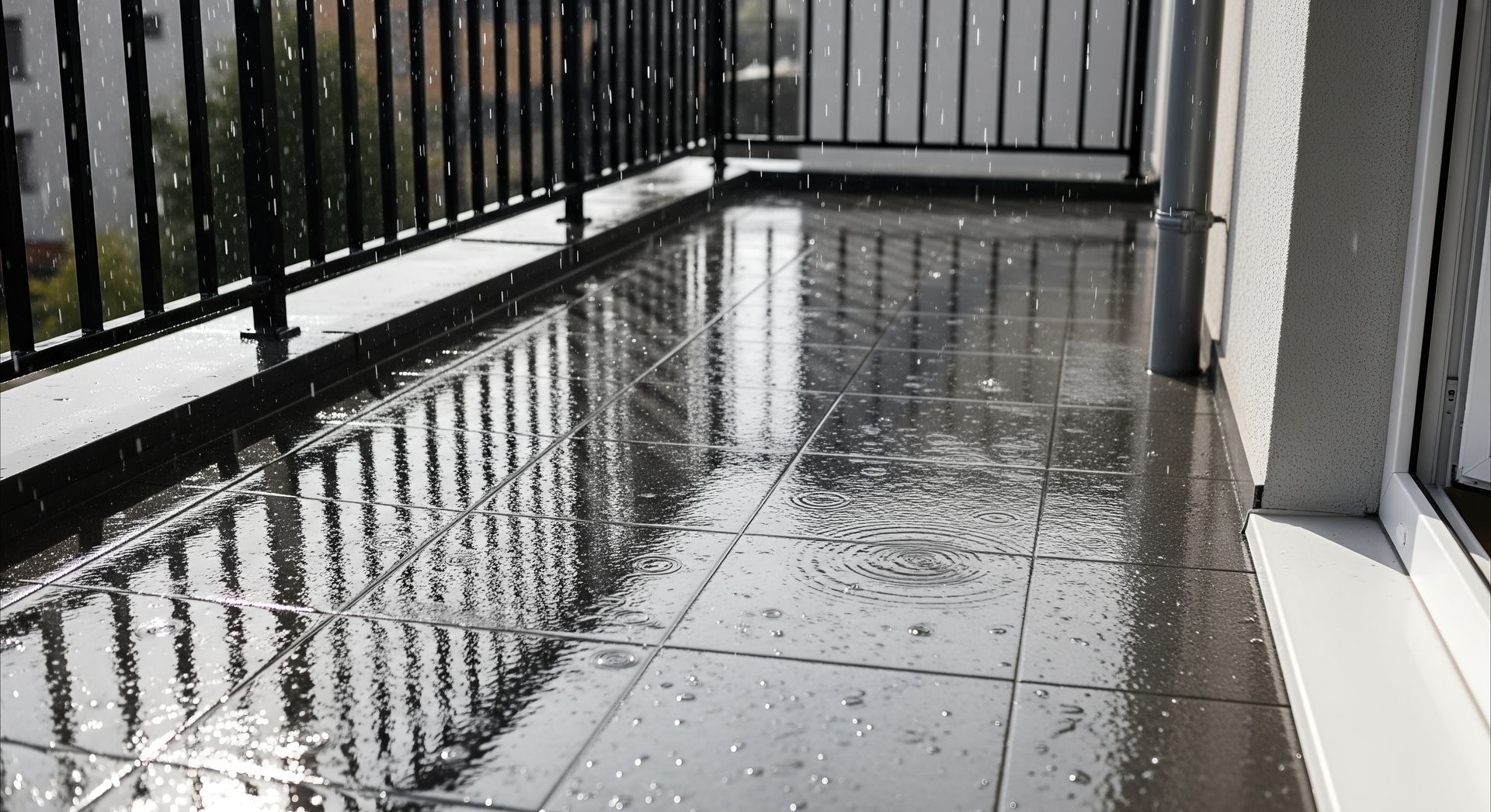 Balcon pluvieux avec sol carrelé mouillé, rambardes noires et reflets du ciel couvert.