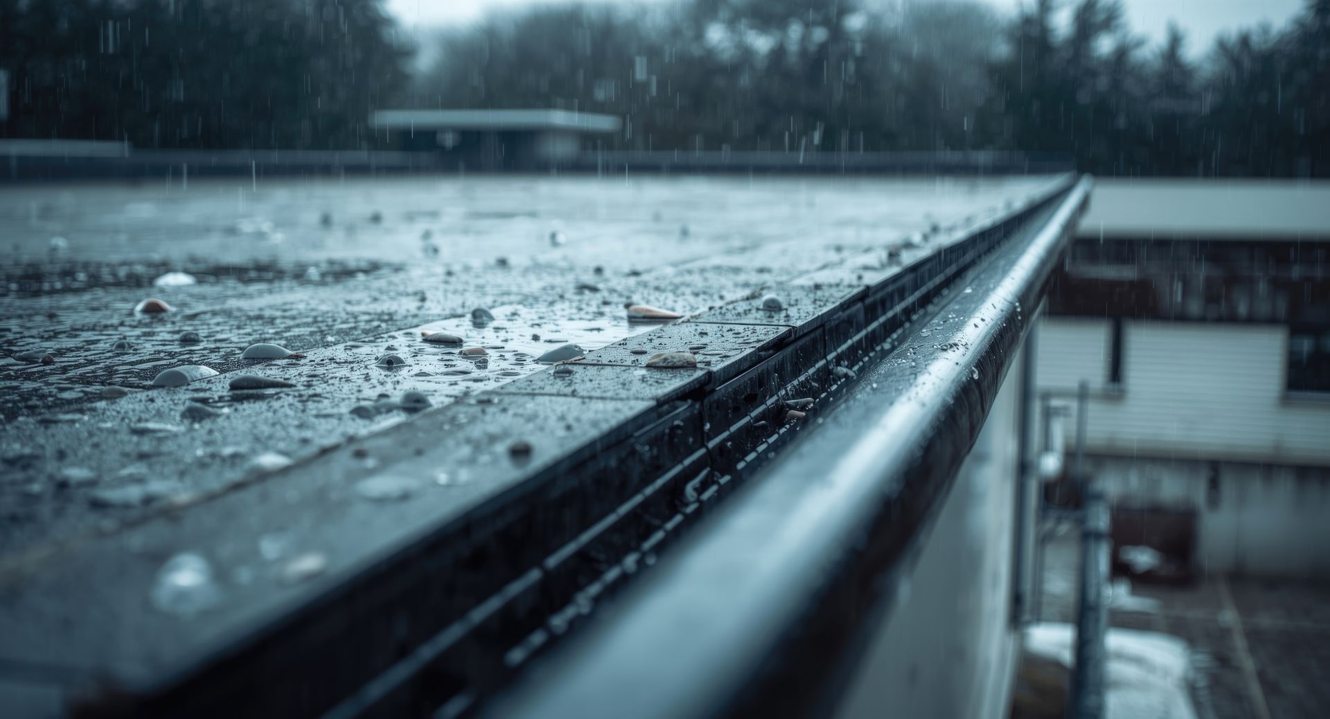 Bord de toit ruisselant de pluie, donnant sur un bâtiment et des arbres flous.