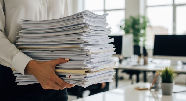 Une personne transportant une grande pile de  documents dans un bureau.