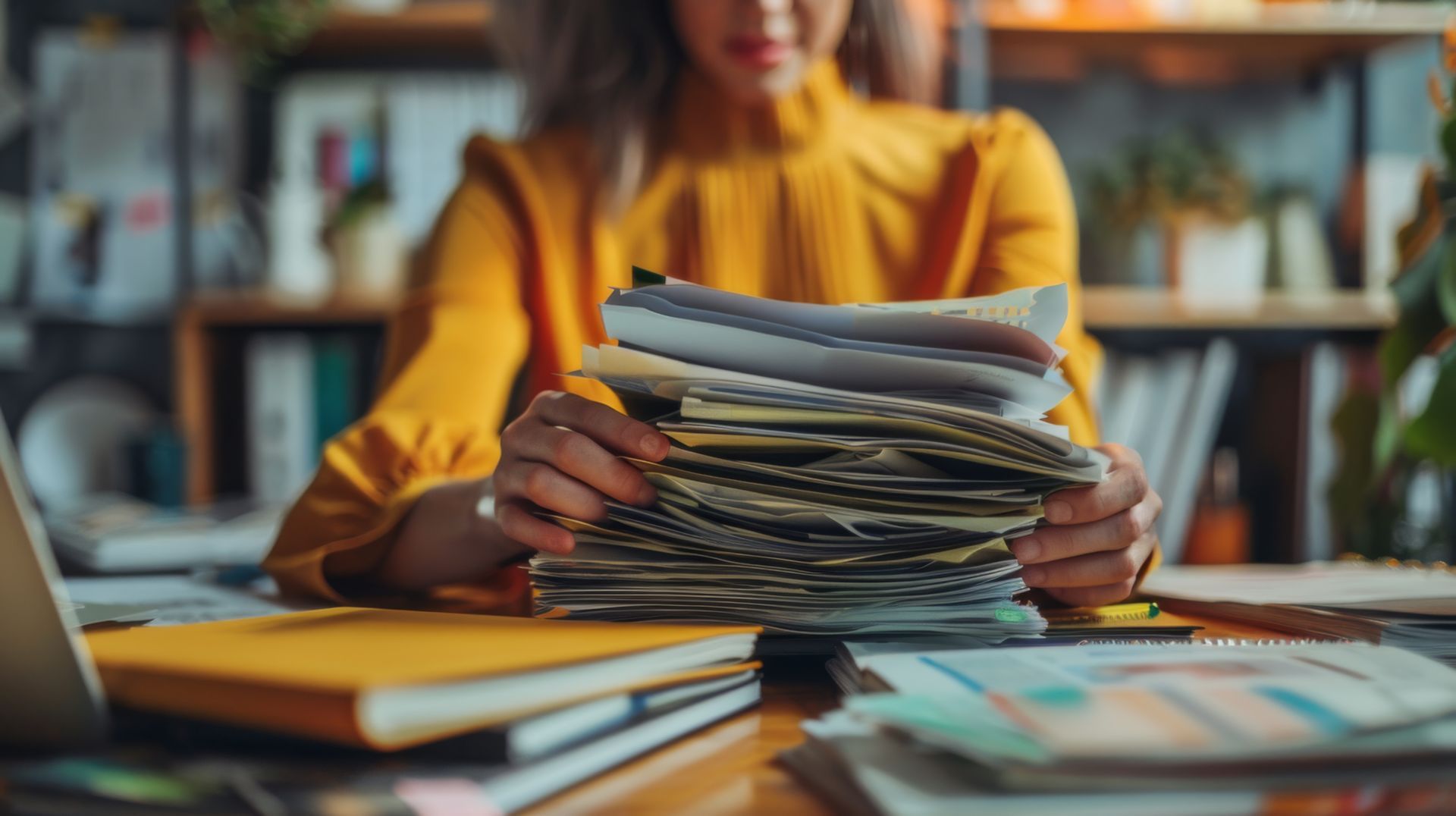 Une personne empile des papiers à un bureau dans un environnement chaleureux.