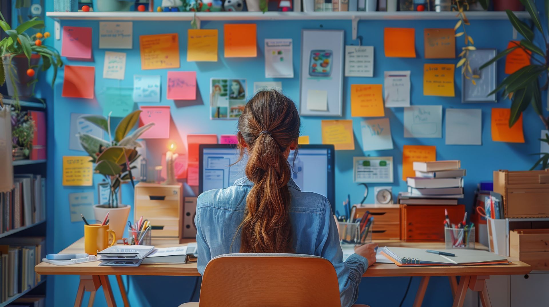 Une personne est assise à un bureau, face à un mur de notes, d'affiches et de plantes.
