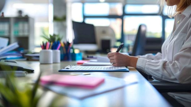 Une personne écrivant sur un papier à un bureau avec un ordinateur, des papiers et des fournitures variées.