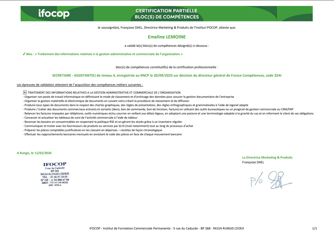 Lettre officielle d'Icofop à en-tête vert, avec des signatures.