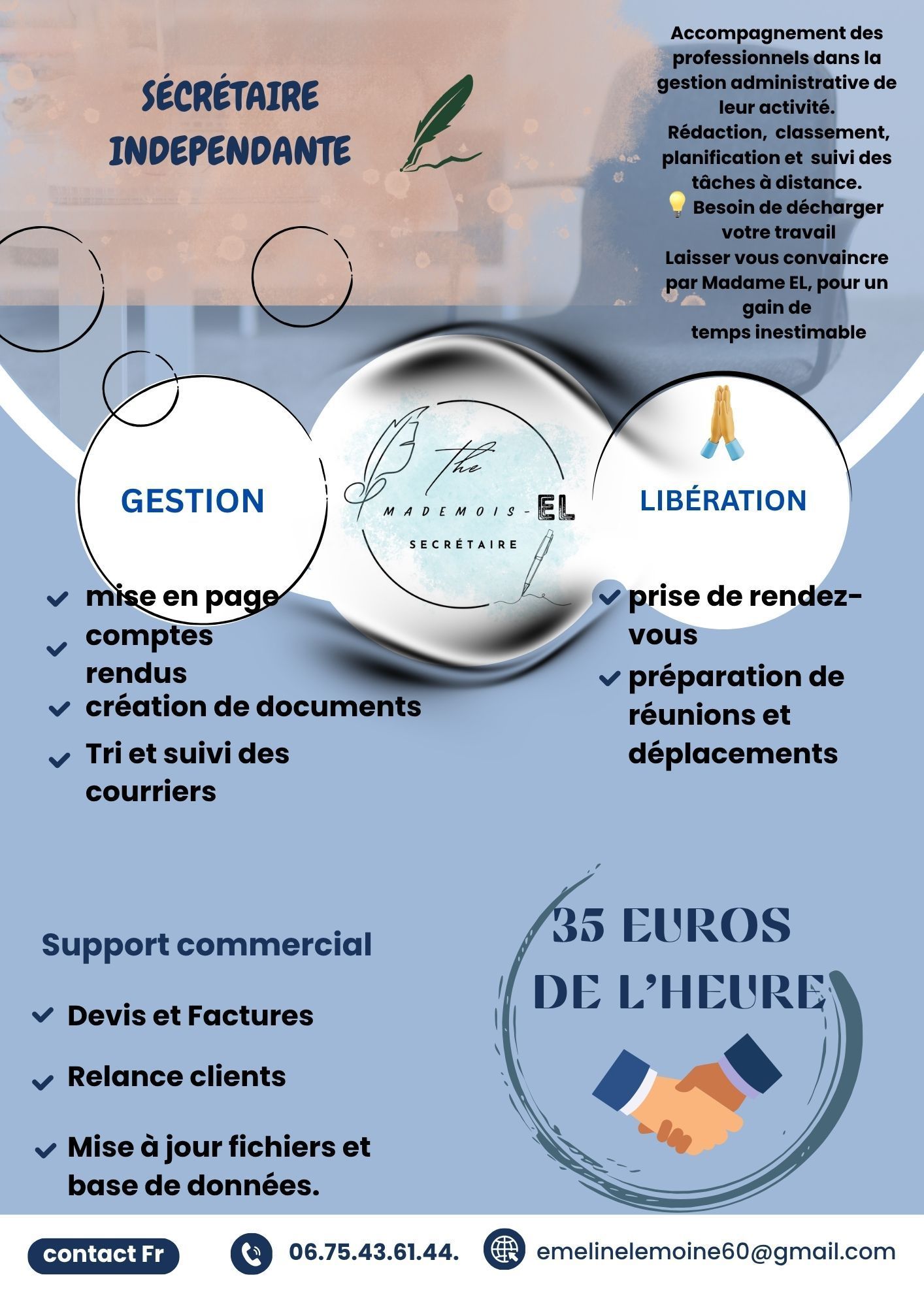 Flyer avec des informations sur les services de secrétaire indépendante.