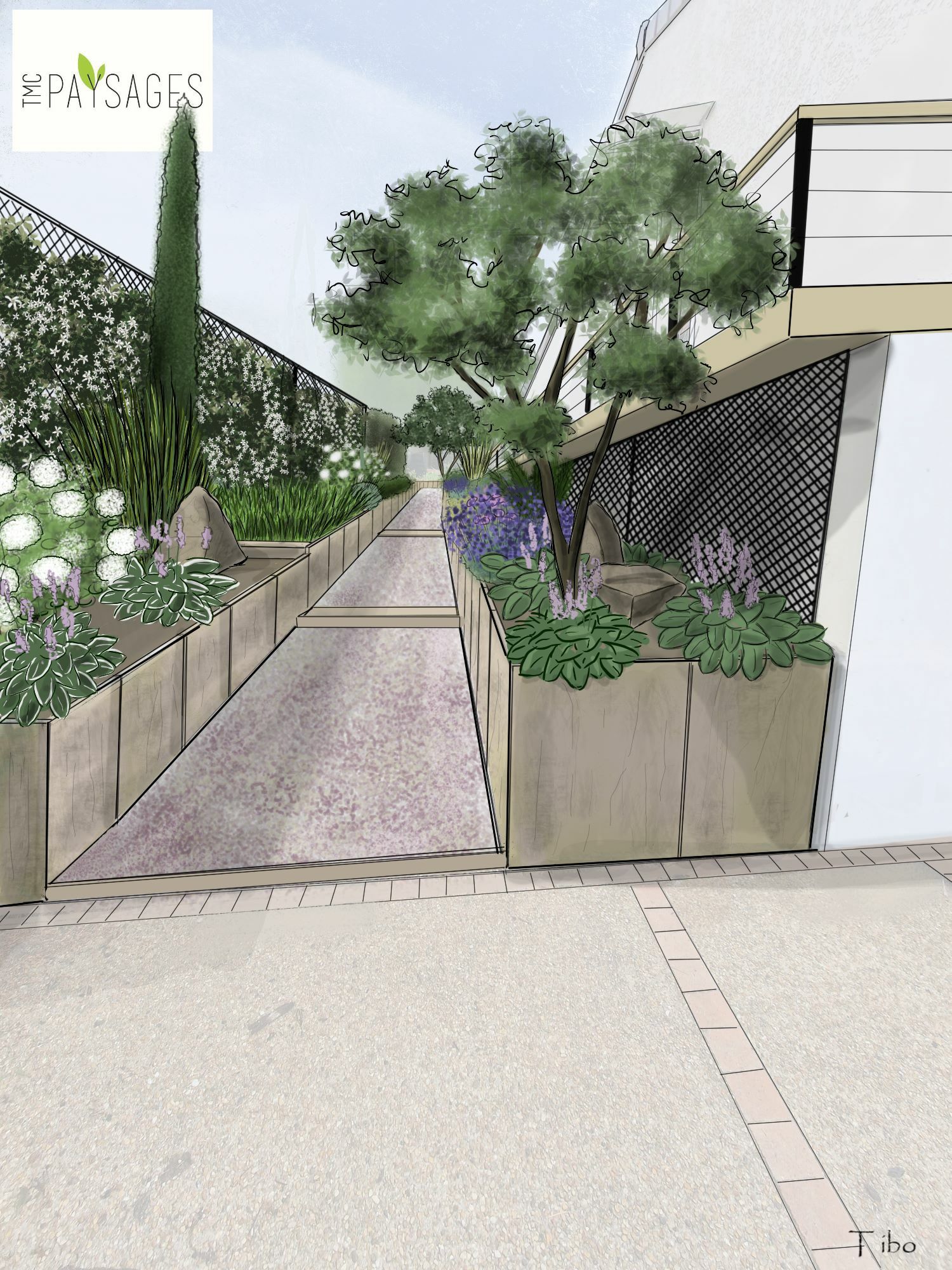 Allée d'un jardin dans une cour avec graviers