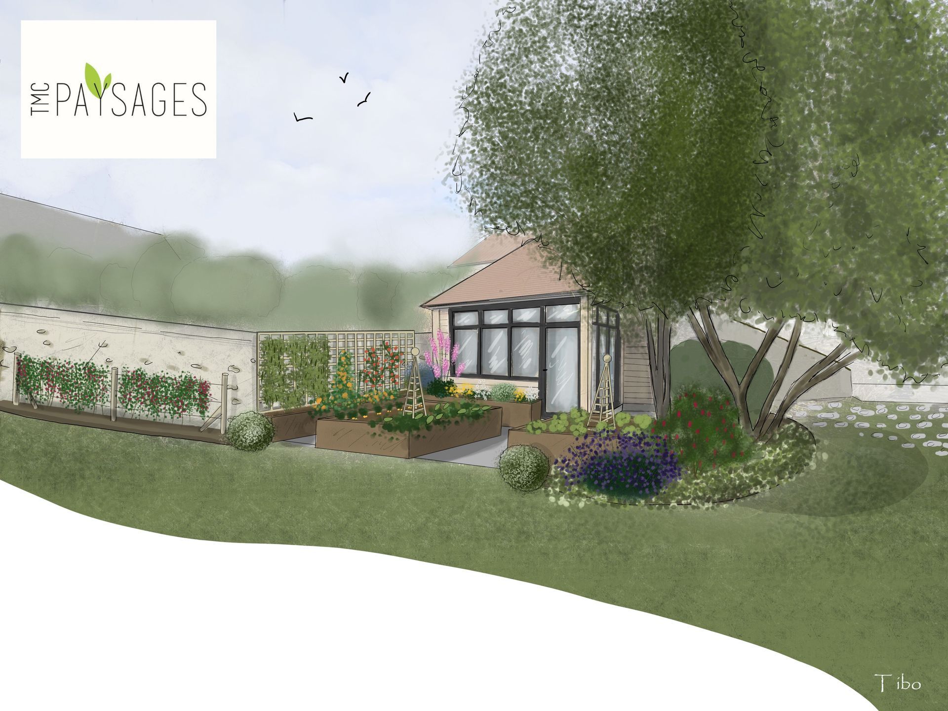 Allée graviers avec par terre de fleurs