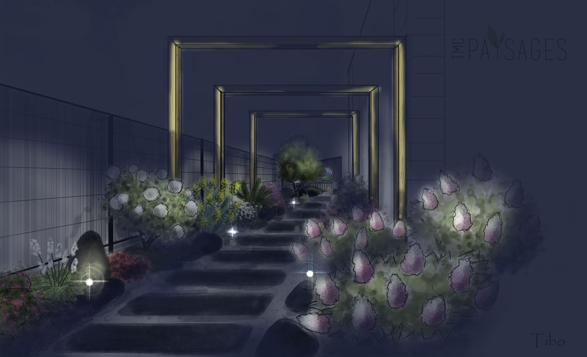 Plan de jardin 3D de nuit avec fleurs et plantes