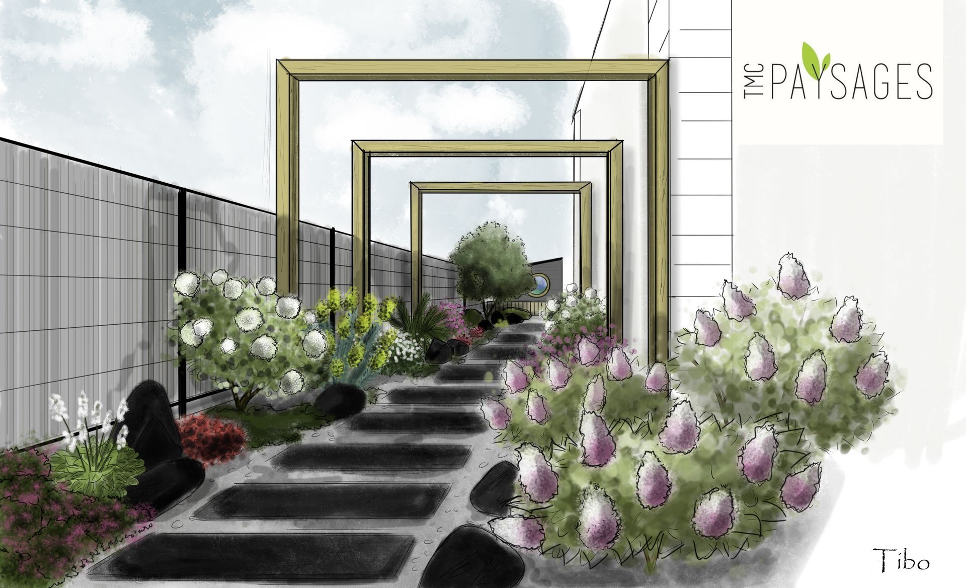 Cour intérieure aménagée avec des arbustes