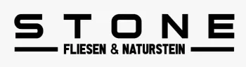 Logo von "STONE FLIESEN & NATURSTEIN" in fetter schwarzer serifenloser Schriftart, mit einem horizontalen Strich unter "STONE" und einem Strich unter dem Text.