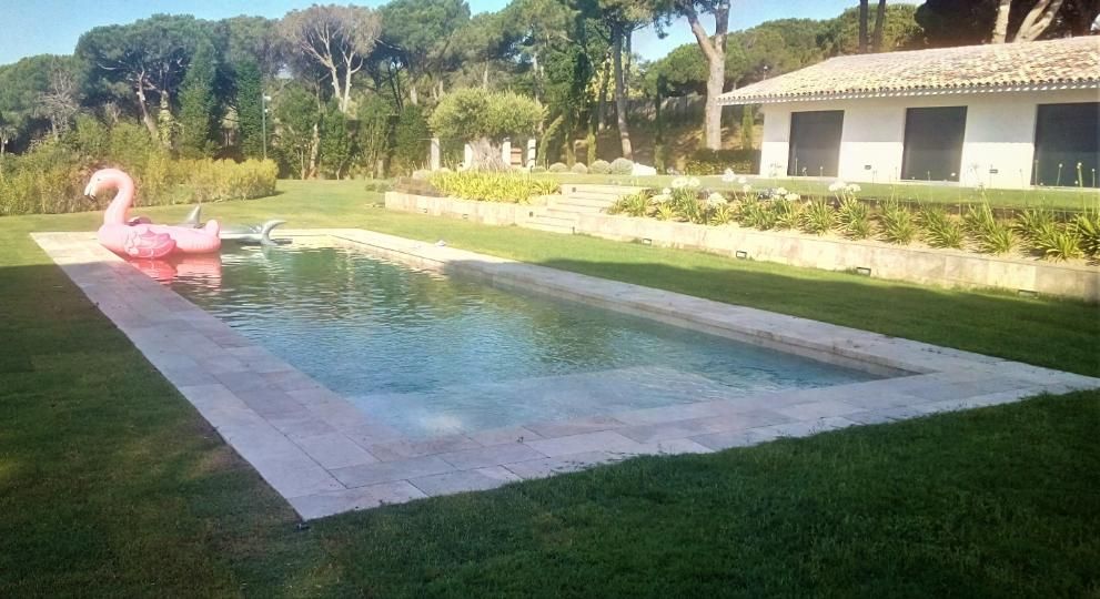 Piscina en un jardín con césped y un flamenco rosa flotando. Casa blanca al fondo y árboles.