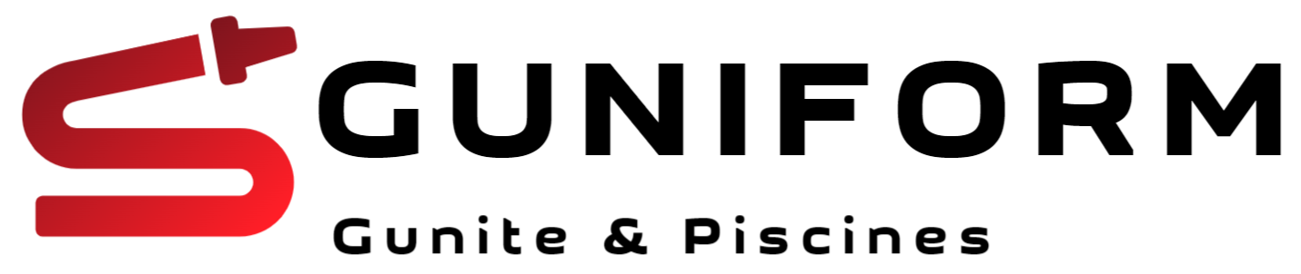 Logotipo de Guniform, empresa de gunita y piscinas, con dise&ntilde;o de manguera roja. Texto: "GUNIFORM", "Gunite & Piscines".