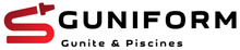 Logotipo de Guniform, empresa de gunita y piscinas, con diseño de manguera roja. Texto: "GUNIFORM", "Gunite & Piscines".