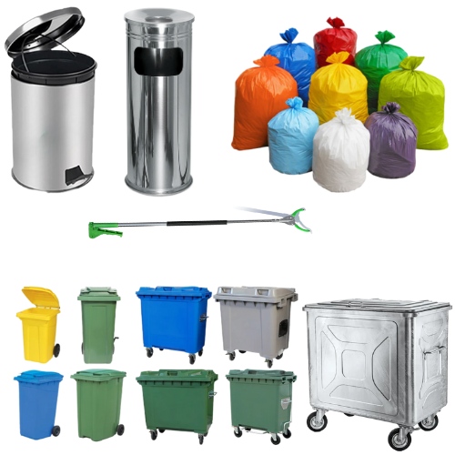 Eine Vielzahl von Mülltonnen und Müllsäcken auf weißem Hintergrund