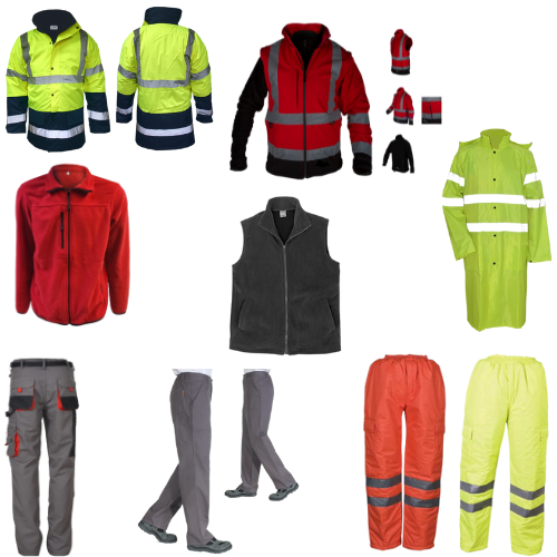 Eine Vielzahl von Sicherheitsbekleidung einschließlich Jacken Westen und Hosen