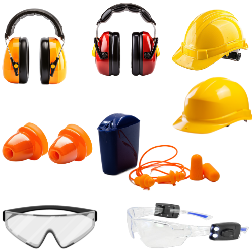Eine Vielzahl an Sicherheitsausrüstungen, darunter Helme, Ohrstöpsel und Schutzbrillen