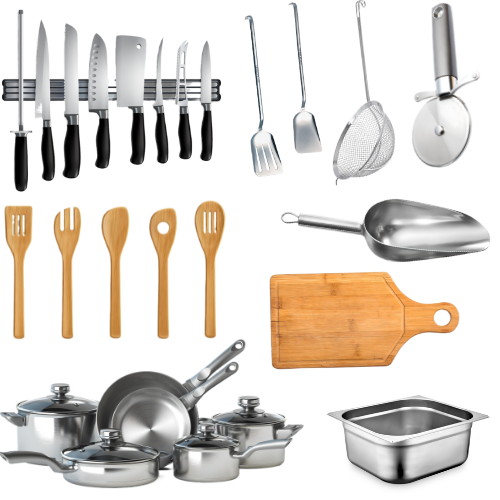 Eine Reihe von Küchenutensilien, darunter Messer, Töpfe, Pfannen und ein Schneidebrett