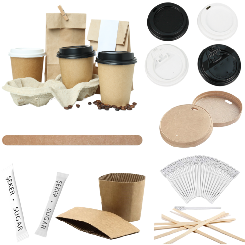 Eine Vielzahl an Kaffeebechern und Verpackungen, einschließlich Zuckersticks