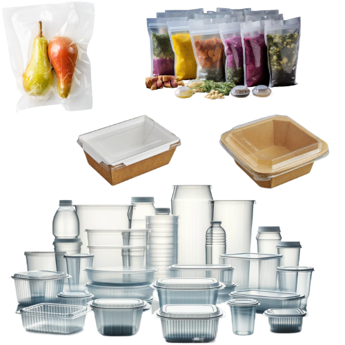 Eine Vielzahl von Kunststoffbehältern sind auf einem weißen Hintergrund aufgereiht