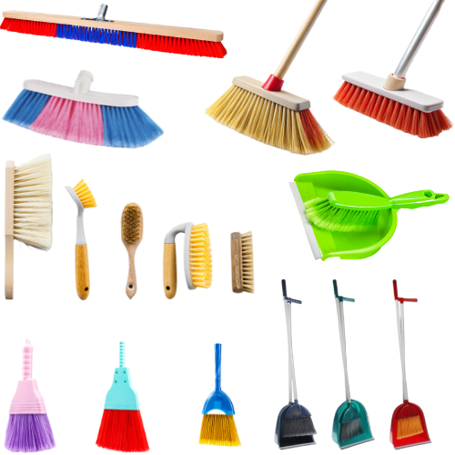 Eine Vielzahl von Besen und Bürsten auf weißem Hintergrund