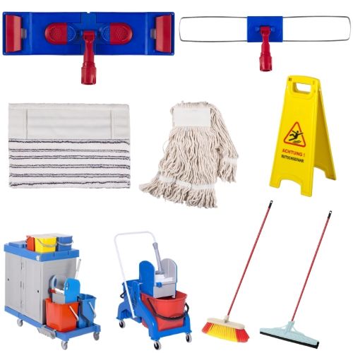 Eine Vielzahl von Reinigungsgeräten, darunter ein Mopp und ein Warnschild