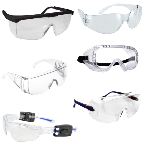 Eine Reihe verschiedener Arten von Schutzbrillen auf weißem Hintergrund