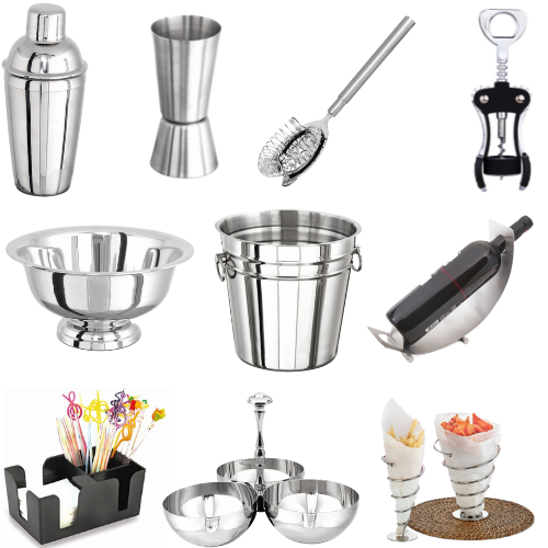 Es gibt viele verschiedene Arten von Edelstahlgeschirr auf weißem Hintergrund.