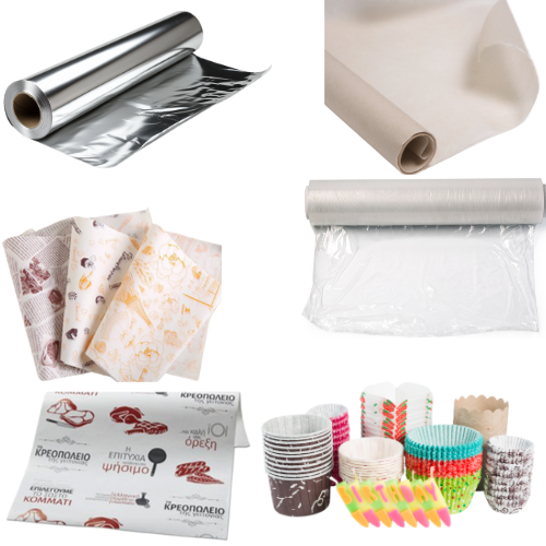 Rollen aus Aluminiumfolie, Plastikfolie und Pappbecher