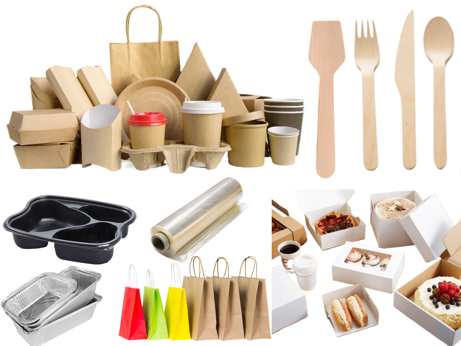 Eine Vielzahl von Einwegbesteck, darunter Messer, Gabeln, Löffel und Beutel