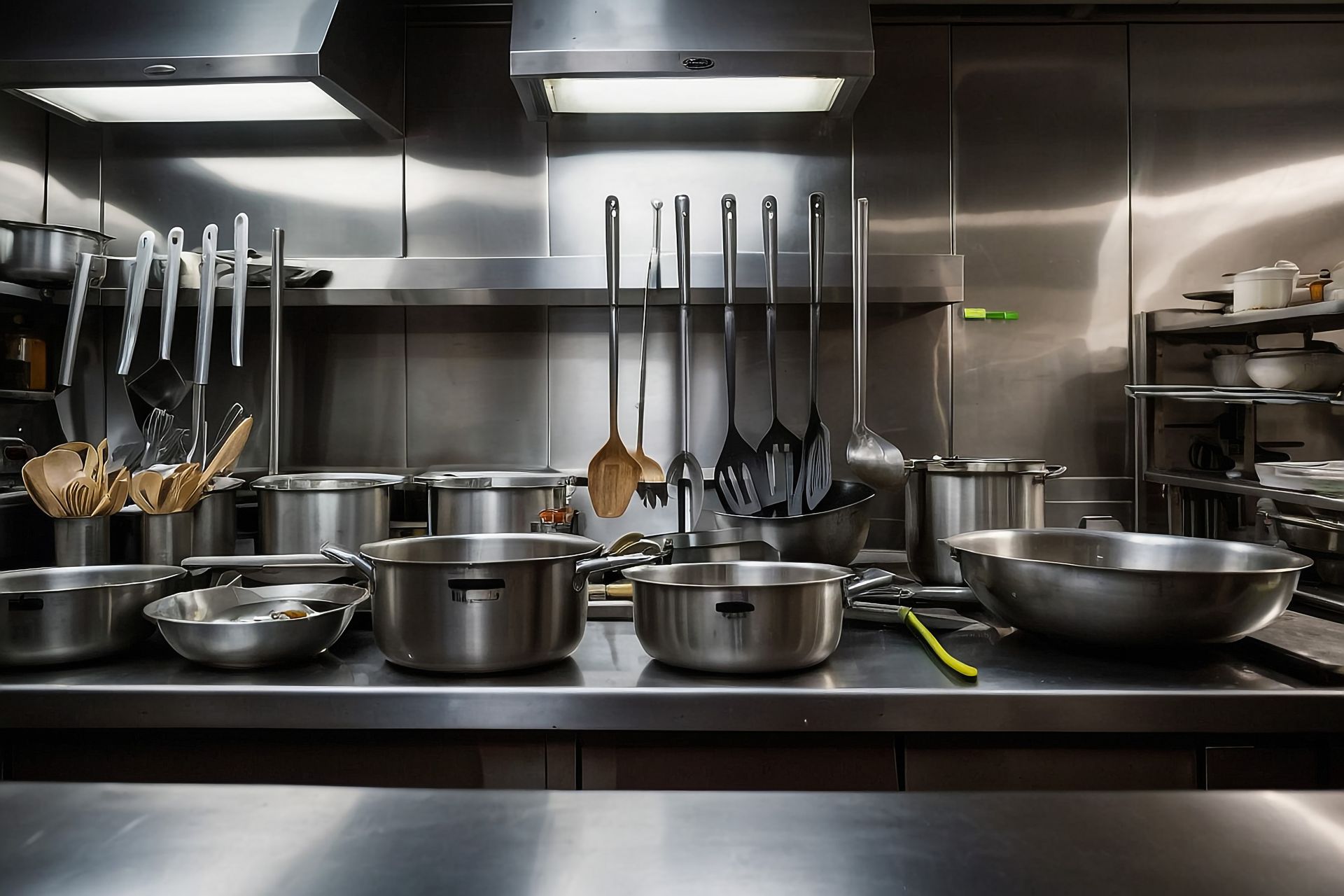 Eine Küche mit vielen Töpfen und Pfannen auf der Arbeitsplatte.