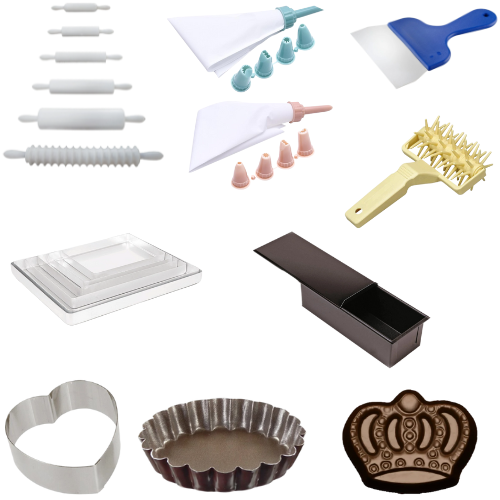 Verschiedene Backutensilien, darunter ein herzförmiger Ausstecher und eine Krone