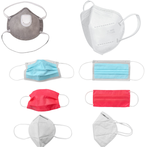 Auf weißem Hintergrund sind verschiedene Gesichtsmasken abgebildet