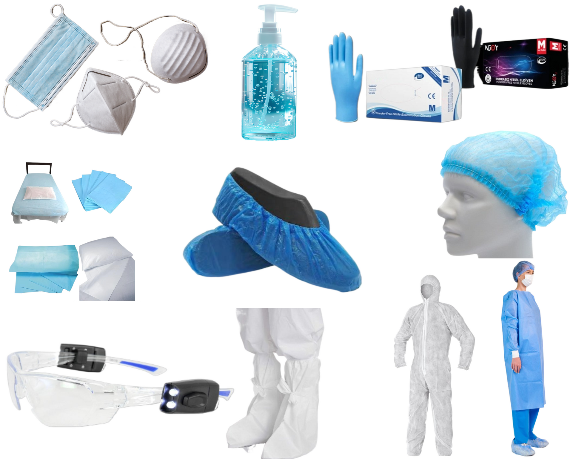 Eine Vielzahl von chirurgischen Hilfsmitteln, einschließlich Masken, Handschuhen und Kitteln