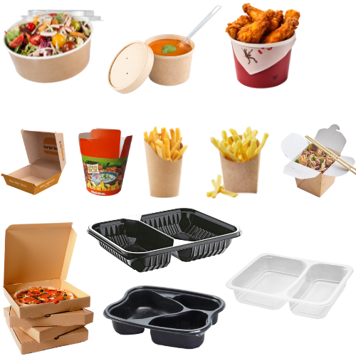 Eine Vielzahl von Lebensmittelbehältern, darunter ein Eimer mit Hähnchenflügeln